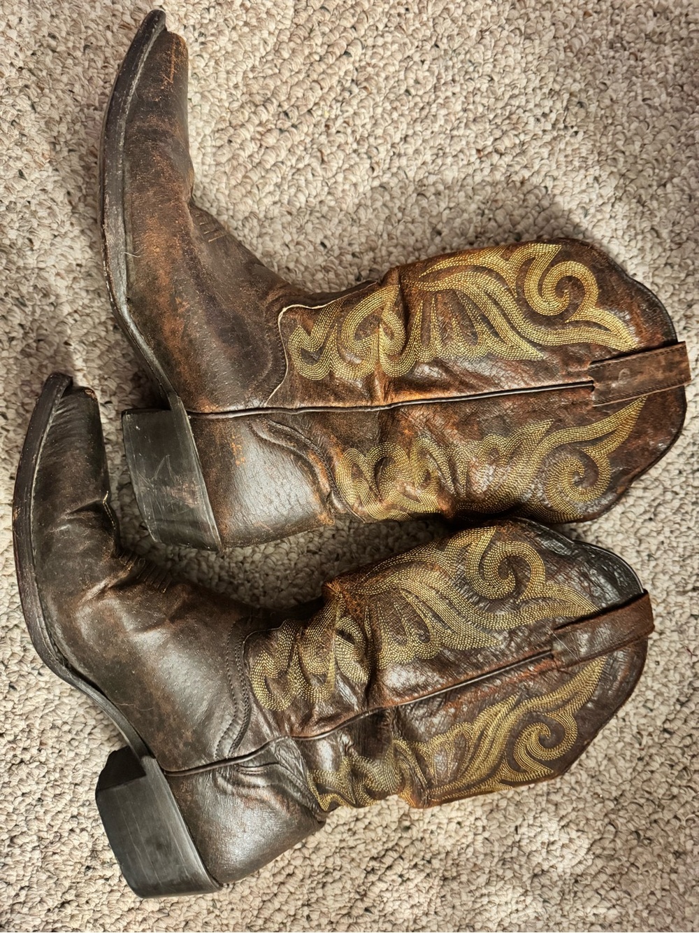 J.B. Dillon Tan Leather Cowboy Boots with Yellow Stitching - women’s